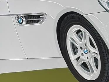 制作中：前輪と、BMWのエンブレムが付いたサイドベントの細部